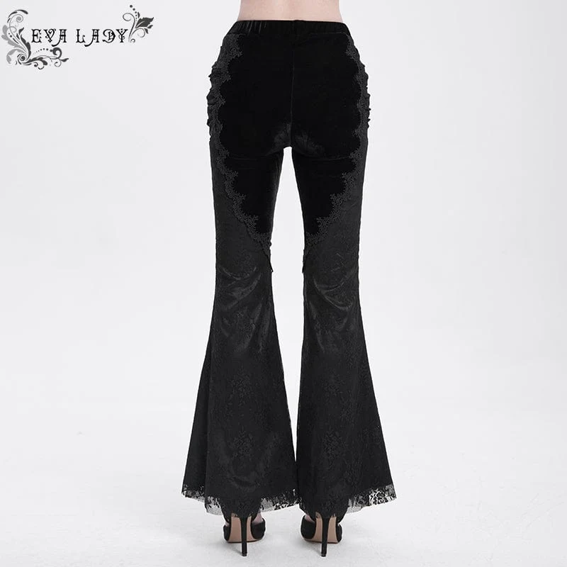 Damen Gothic Blumen bestickte Samt Splice Lace Schlaghose Schwarz