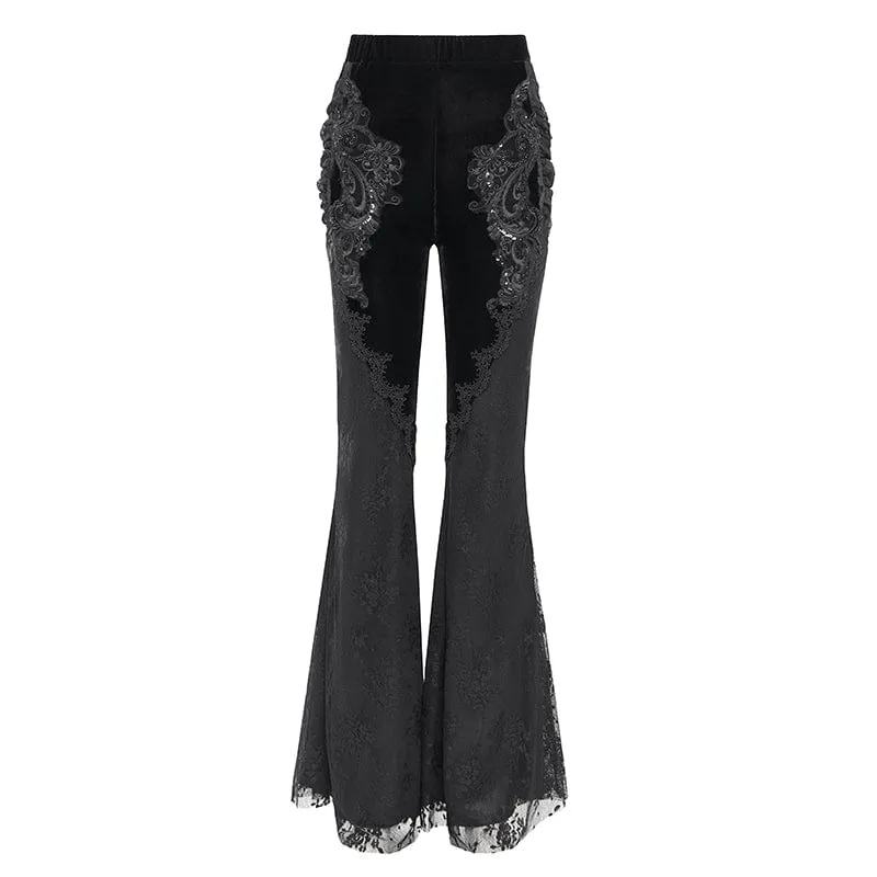 Damen Gothic Blumen bestickte Samt Splice Lace Schlaghose Schwarz