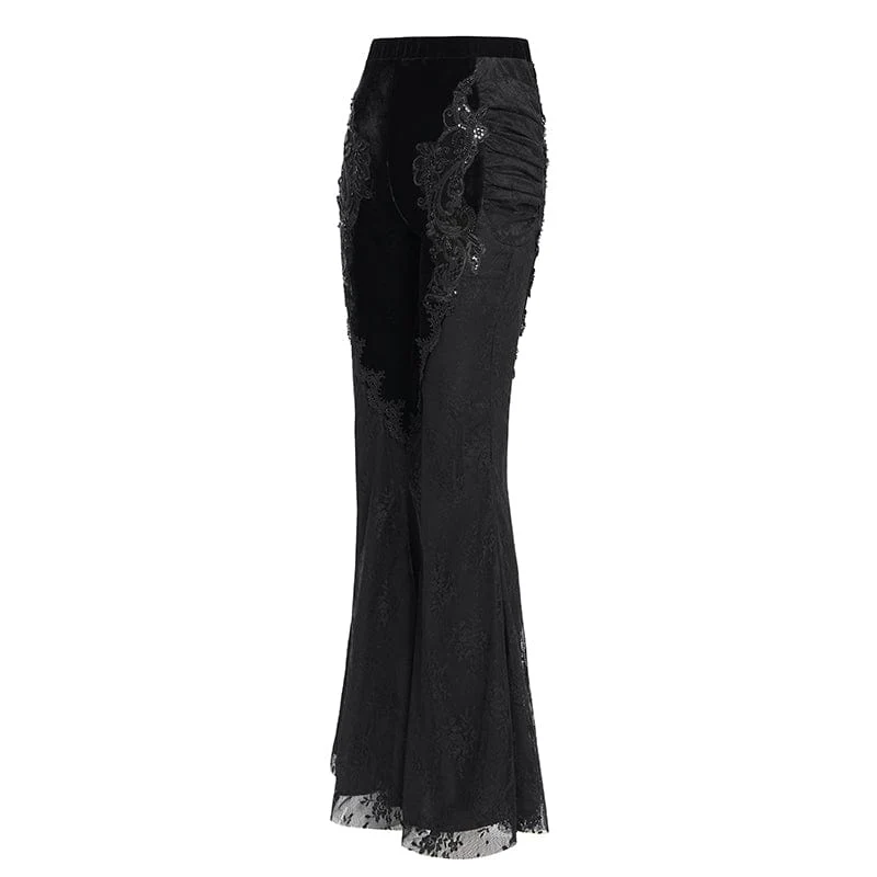 Damen Gothic Blumen bestickte Samt Splice Lace Schlaghose Schwarz