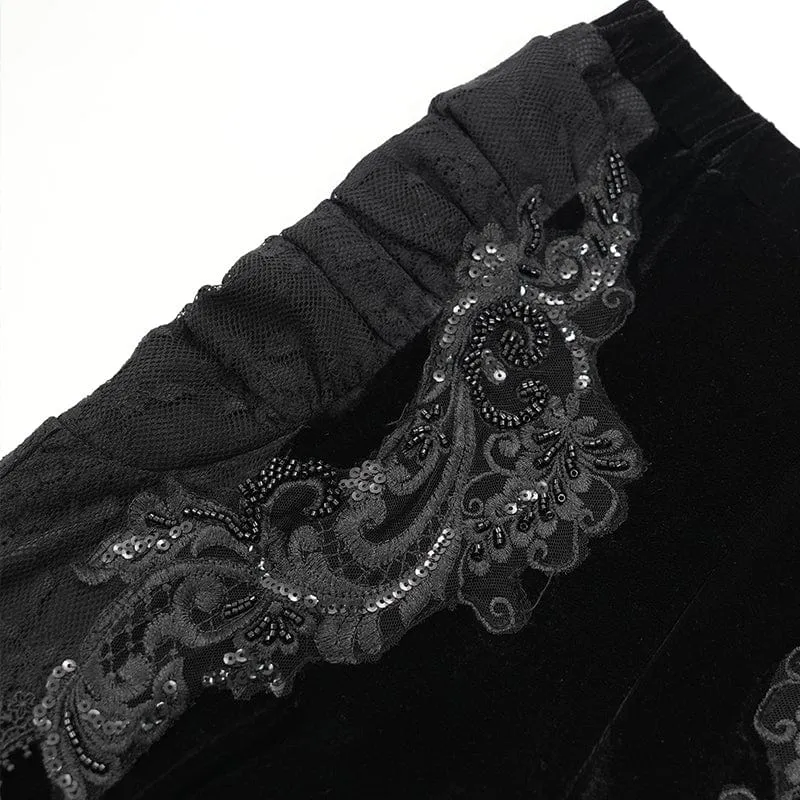 Damen Gothic Blumen bestickte Samt Splice Lace Schlaghose Schwarz
