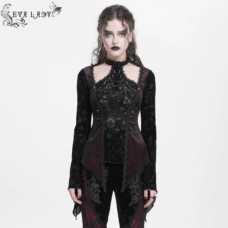 Gothic-Samtbluse mit Cut-outs und ausgestellten Ärmeln für Damen in Rot