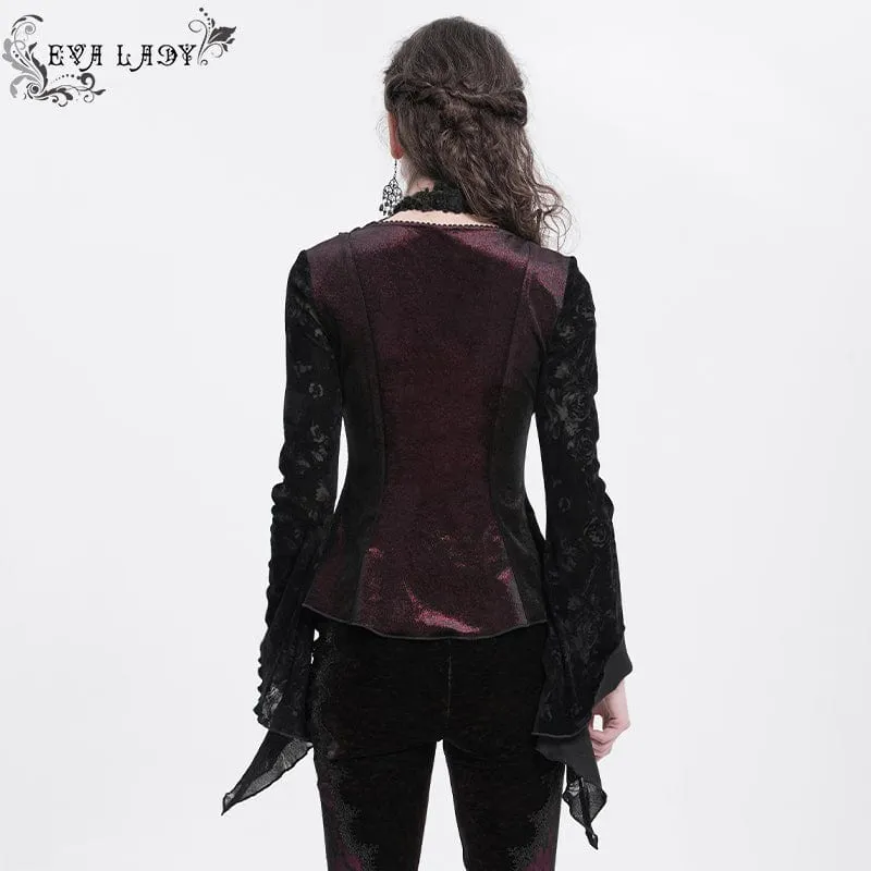 Gothic-Samtbluse mit Cut-outs und ausgestellten Ärmeln für Damen in Rot