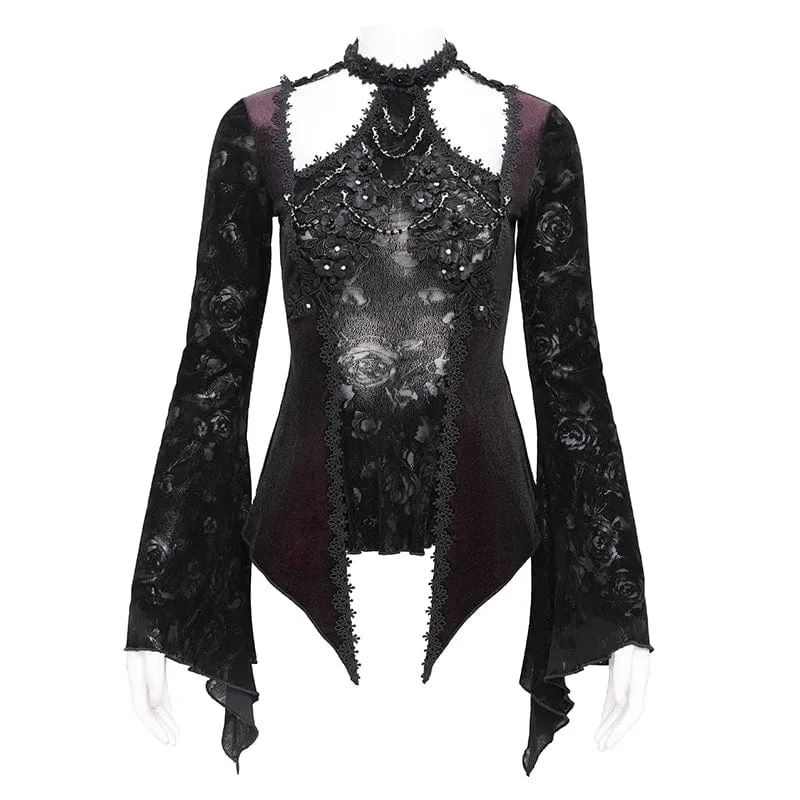Gothic-Samtbluse mit Cut-outs und ausgestellten Ärmeln für Damen in Rot