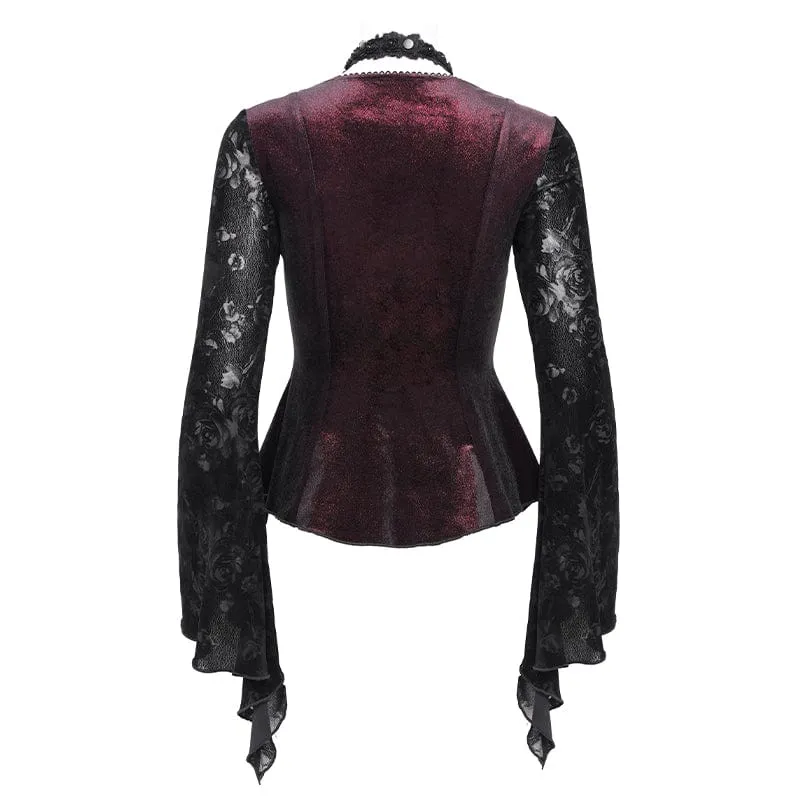 Gothic-Samtbluse mit Cut-outs und ausgestellten Ärmeln für Damen in Rot