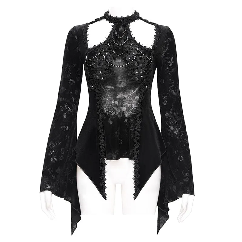 Gothic-Samtbluse mit Cut-outs und ausgestellten Ärmeln für Damen in Schwarz