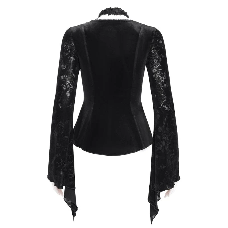 Gothic-Samtbluse mit Cut-outs und ausgestellten Ärmeln für Damen in Schwarz