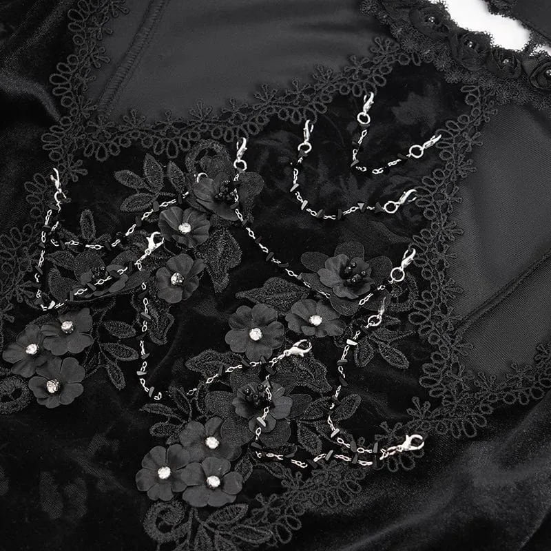 Gothic-Samtbluse mit Cut-outs und ausgestellten Ärmeln für Damen in Schwarz