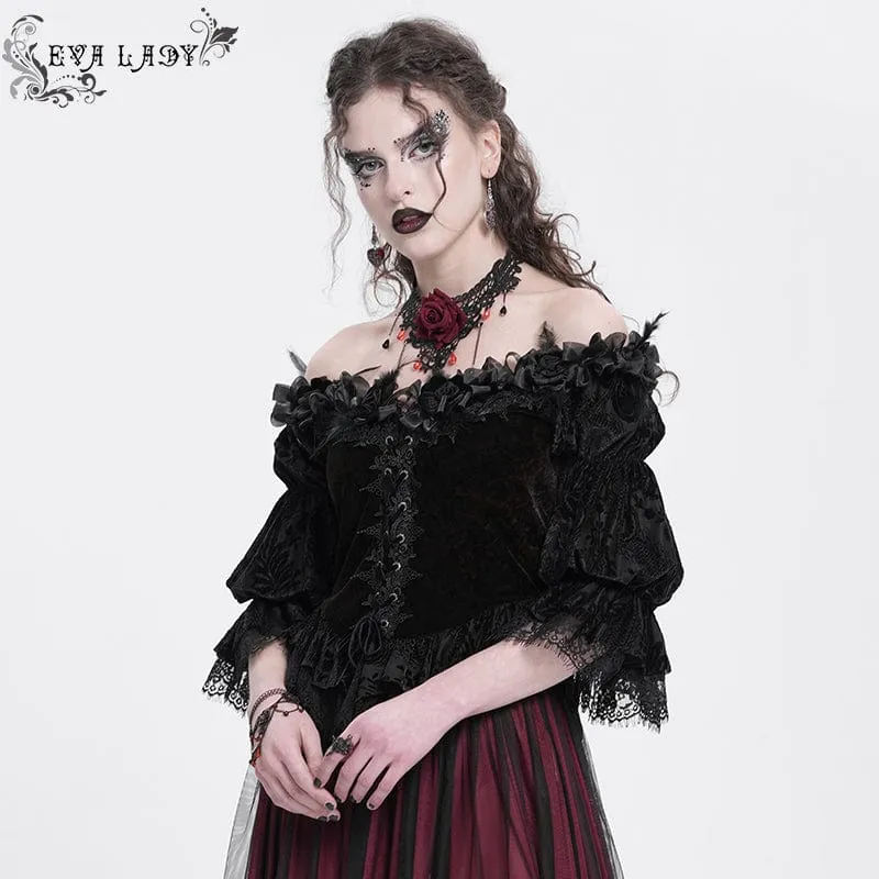 Gothic Off-Shoulder Rüschen Samt Shirt für Damen Rot
