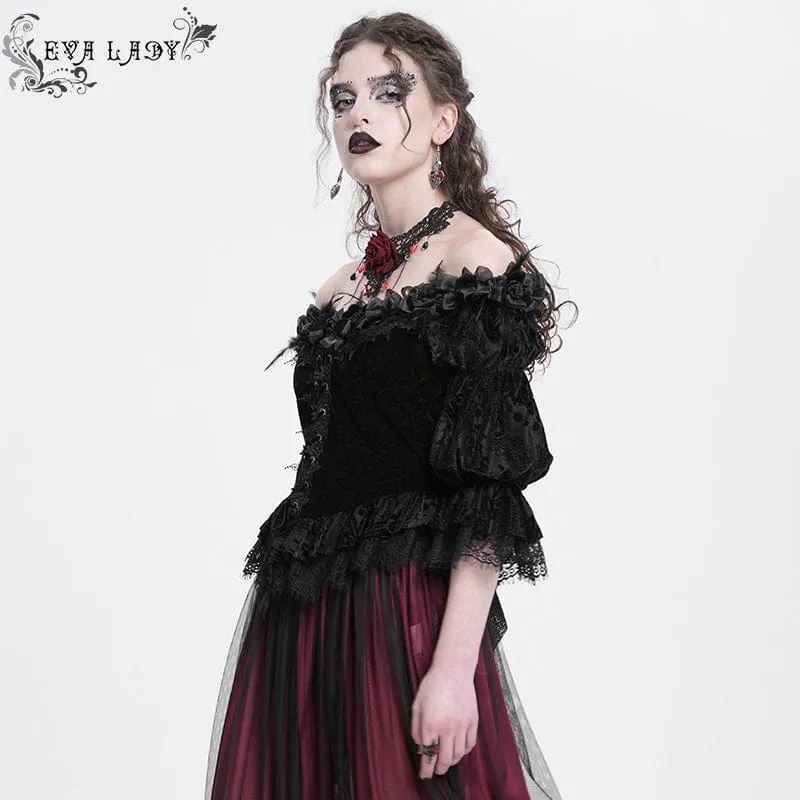 Gothic Off-Shoulder Rüschen Samt Shirt für Damen Rot