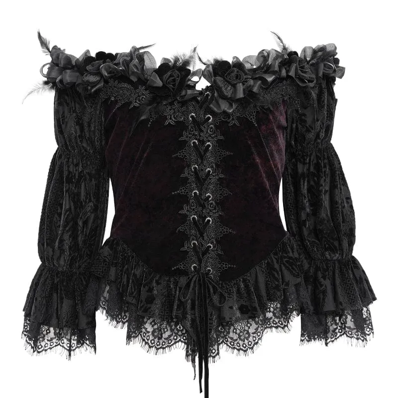 Gothic Off-Shoulder Rüschen Samt Shirt für Damen Rot