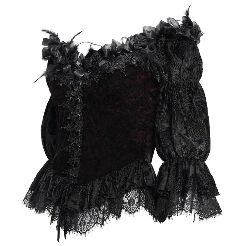 Gothic Off-Shoulder Rüschen Samt Shirt für Damen Rot