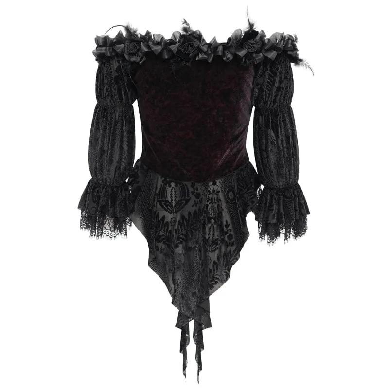Gothic Off-Shoulder Rüschen Samt Shirt für Damen Rot