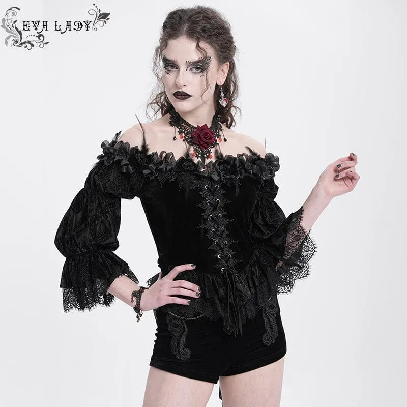 Gothic Off-Shoulder Rüschen Samt Shirt für Damen Schwarz