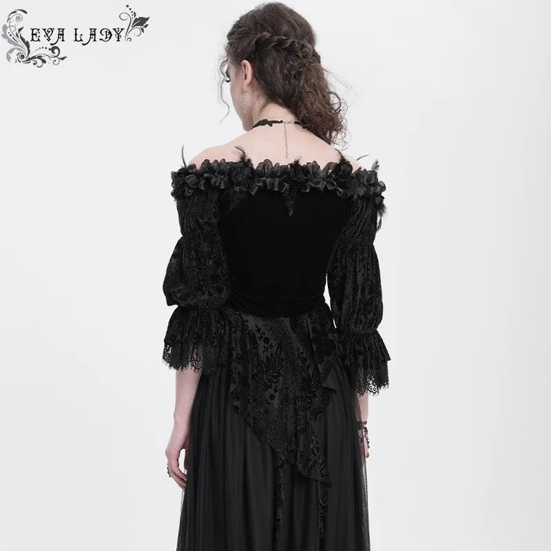 Gothic Off-Shoulder Rüschen Samt Shirt für Damen Schwarz
