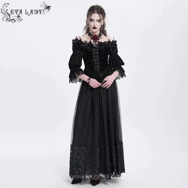 Gothic Off-Shoulder Rüschen Samt Shirt für Damen Schwarz
