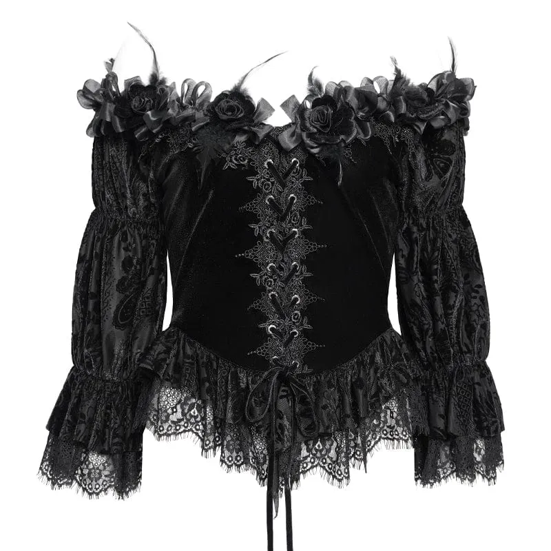 Gothic Off-Shoulder Rüschen Samt Shirt für Damen Schwarz