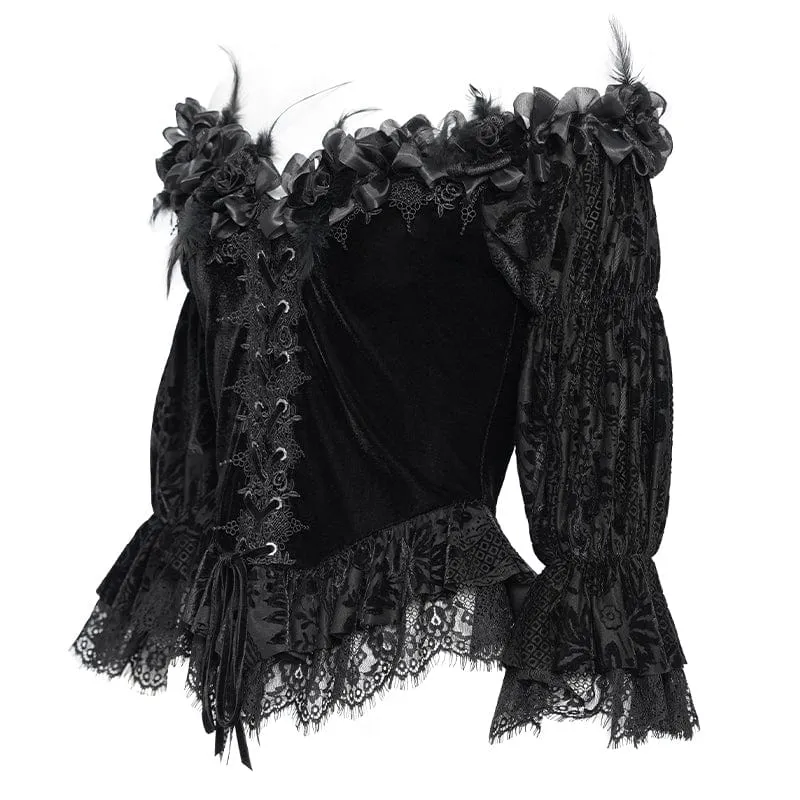 Gothic Off-Shoulder Rüschen Samt Shirt für Damen Schwarz
