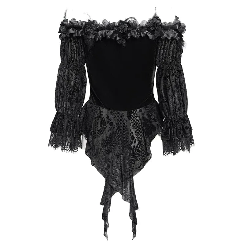 Gothic Off-Shoulder Rüschen Samt Shirt für Damen Schwarz