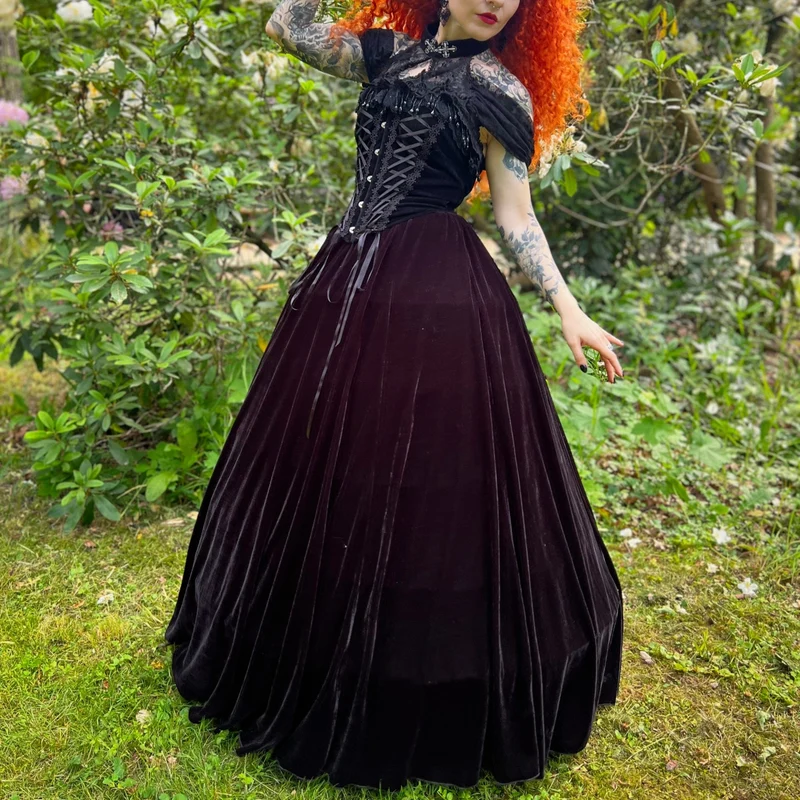 Gothic-Kleid aus Samt mit schulterfreiem Ausschnitt und Schnürung für Damen – Hochzeitskleid
