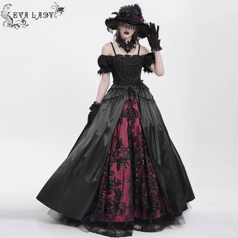 Rotes Gothic-Abendkleid mit schulterfreiem Spitzeneinsatz, auch als Hochzeitskleid geeignet.