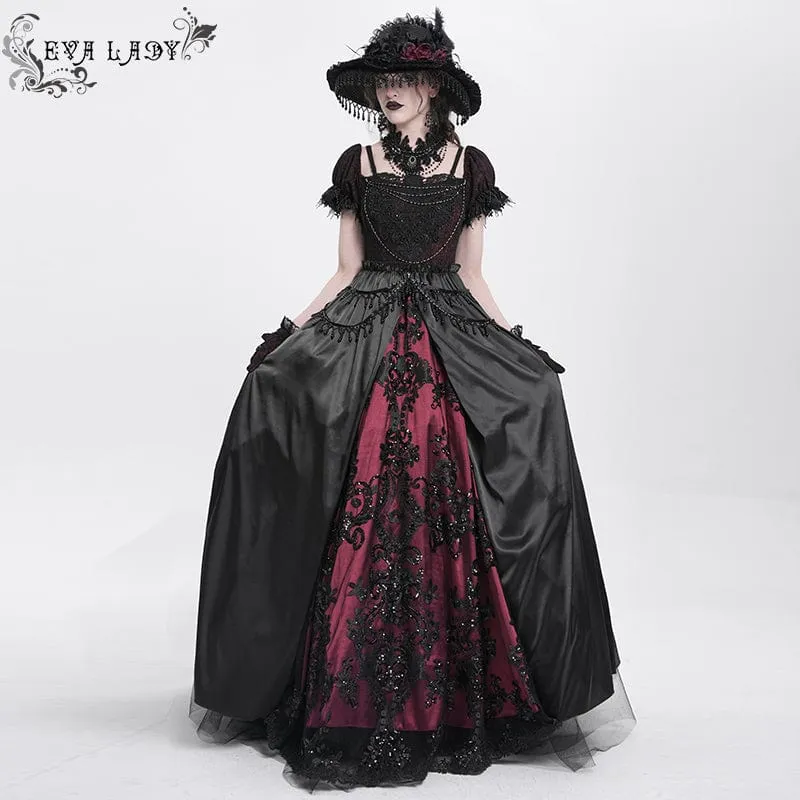 Rotes Gothic-Abendkleid mit schulterfreiem Spitzeneinsatz, auch als Hochzeitskleid geeignet.