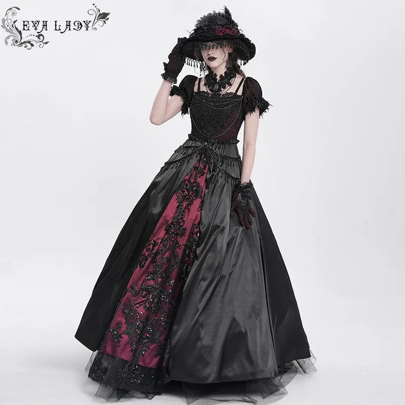 Rotes Gothic-Abendkleid mit schulterfreiem Spitzeneinsatz, auch als Hochzeitskleid geeignet.