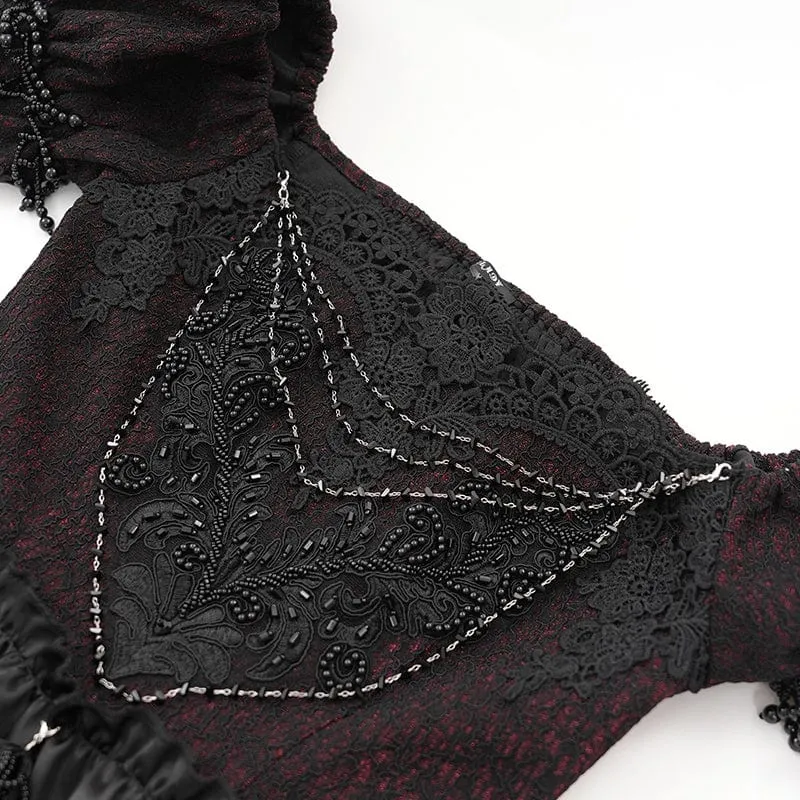 Rotes Gothic-Abendkleid mit schulterfreiem Spitzeneinsatz, auch als Hochzeitskleid geeignet.