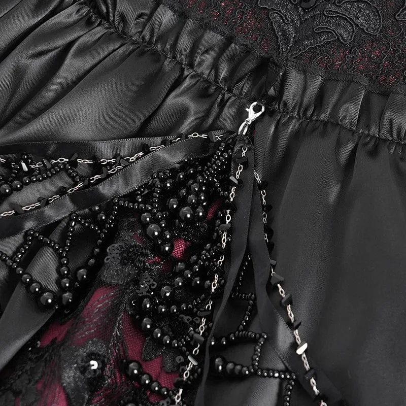 Rotes Gothic-Abendkleid mit schulterfreiem Spitzeneinsatz, auch als Hochzeitskleid geeignet.
