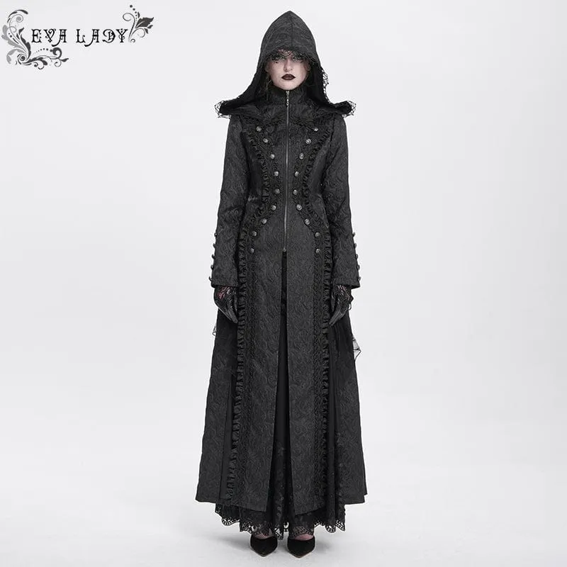 Gothic-Mantel mit Stehkragen und Rüschen für Damen mit Kapuze