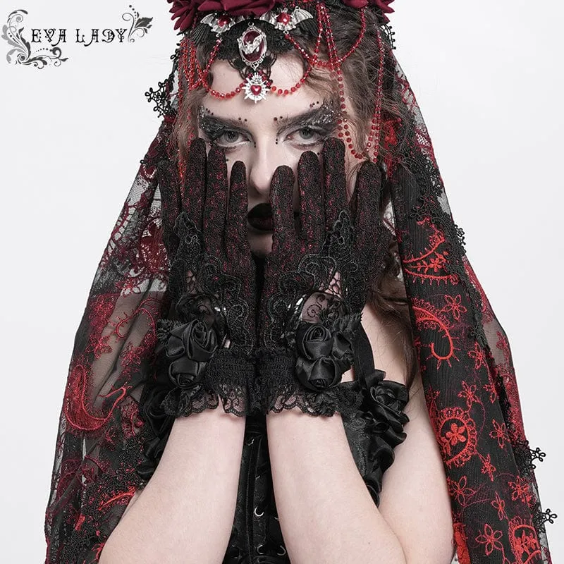 Gothic-Handschuhe mit Blumenstickerei und Rosenspitze für Damen, Rot