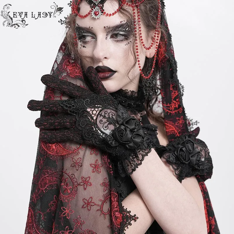 Gothic-Handschuhe mit Blumenstickerei und Rosenspitze für Damen, Rot