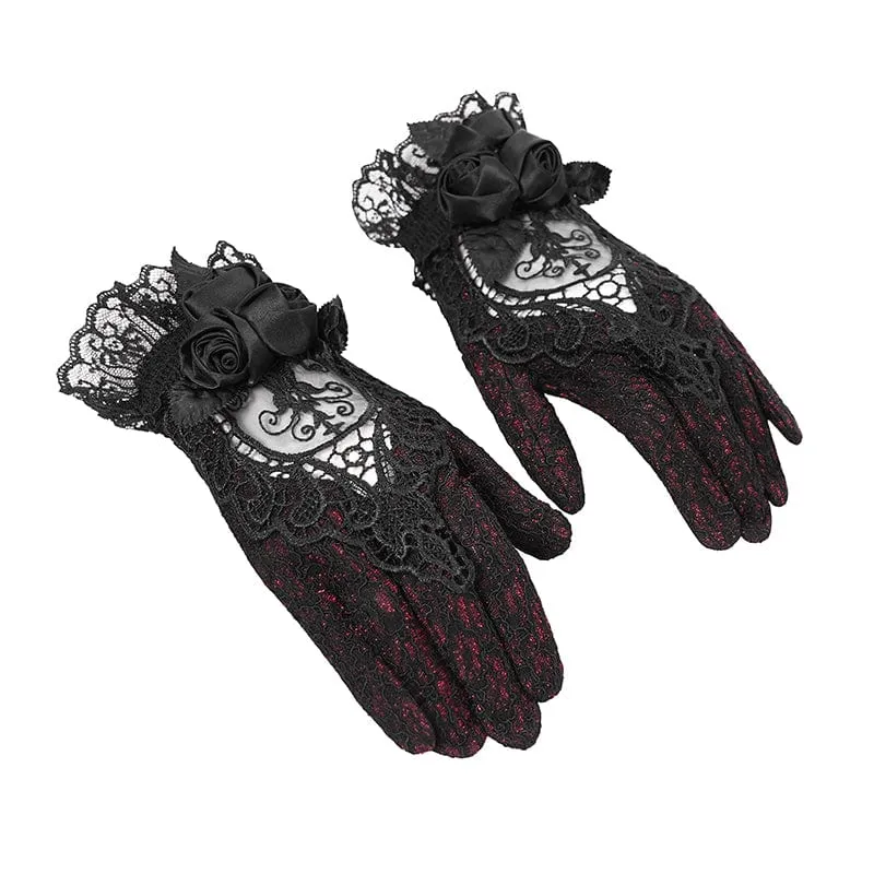 Gothic-Handschuhe mit Blumenstickerei und Rosenspitze für Damen, Rot