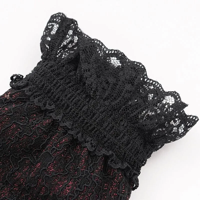Gothic-Handschuhe mit Blumenstickerei und Rosenspitze für Damen, Rot