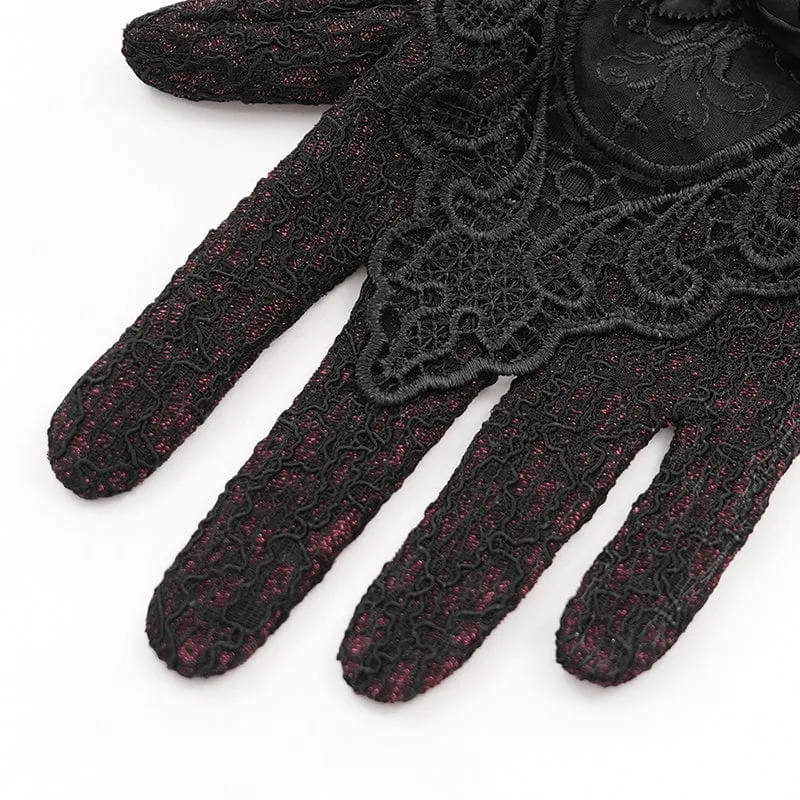 Gothic-Handschuhe mit Blumenstickerei und Rosenspitze für Damen, Rot