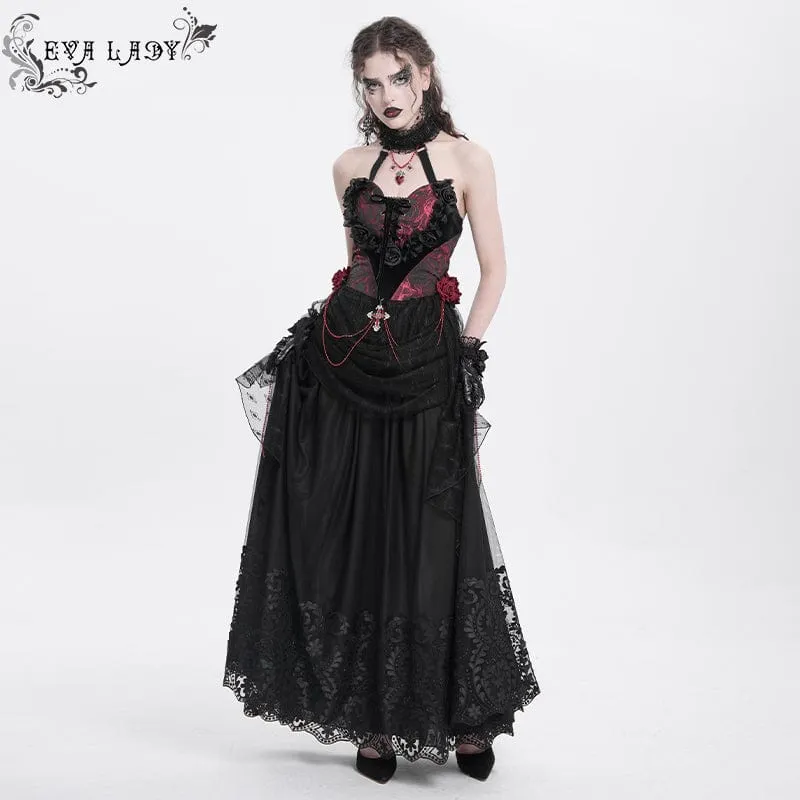 Damen Gothic Rose Herz Spitze Splice Neckholder Shirt Rot