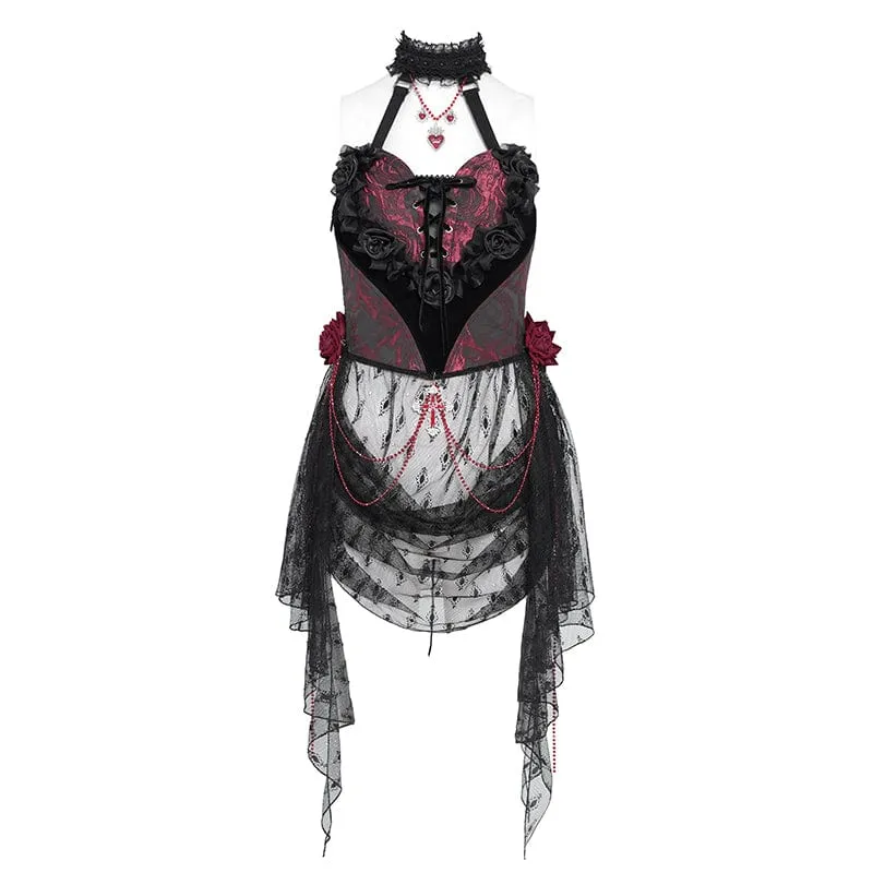 Damen Gothic Rose Herz Spitze Splice Neckholder Shirt Rot