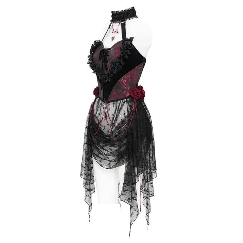 Damen Gothic Rose Herz Spitze Splice Neckholder Shirt Rot