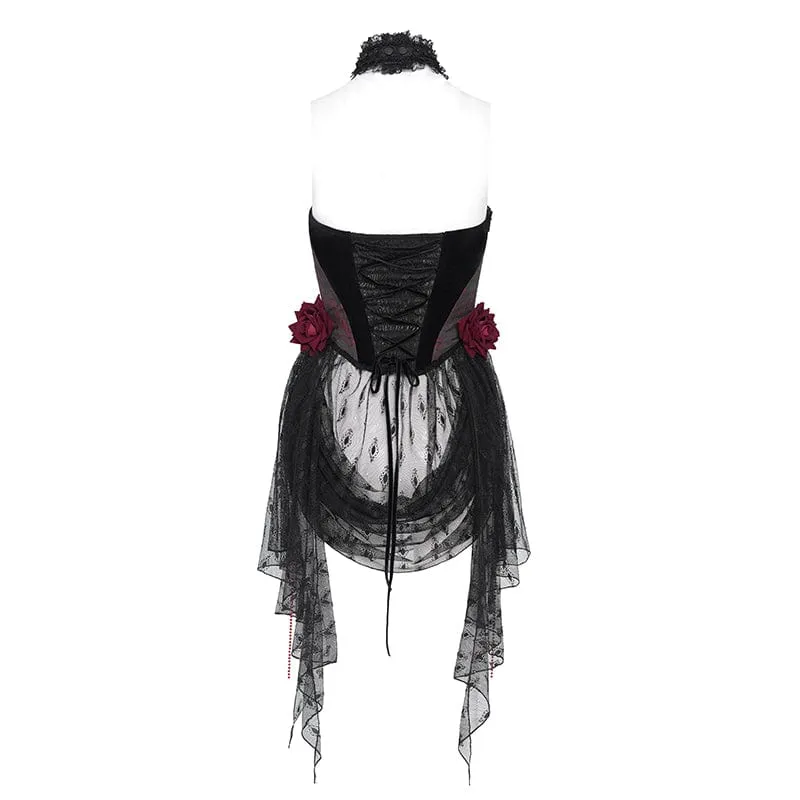 Damen Gothic Rose Herz Spitze Splice Neckholder Shirt Rot