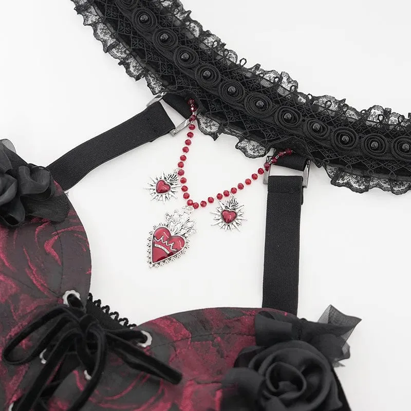 Damen Gothic Rose Herz Spitze Splice Neckholder Shirt Rot