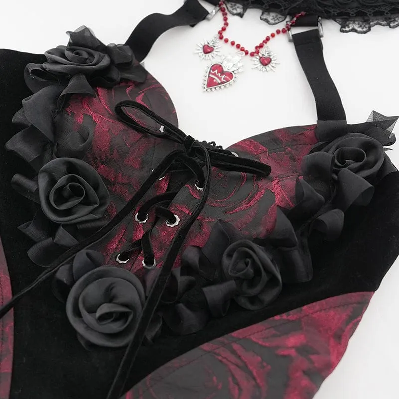 Damen Gothic Rose Herz Spitze Splice Neckholder Shirt Rot