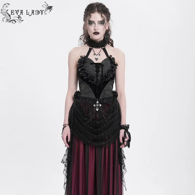 Damen Gothic Rose Herz Spitze Splice Neckholder Shirt Schwarz