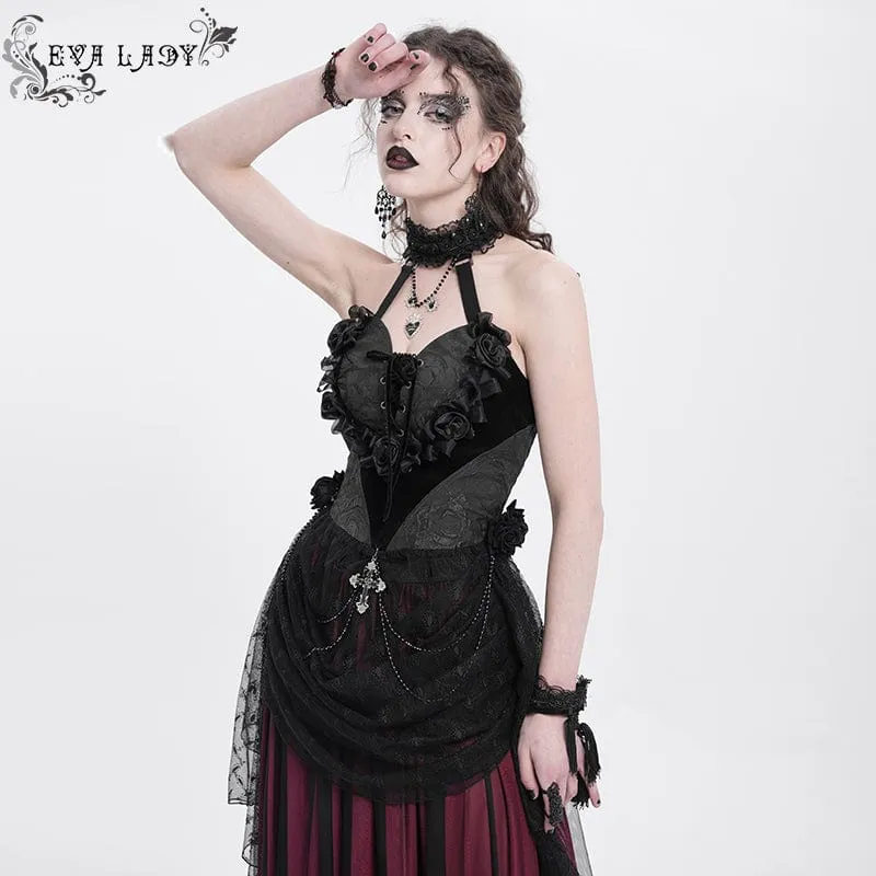 Damen Gothic Rose Herz Spitze Splice Neckholder Shirt Schwarz