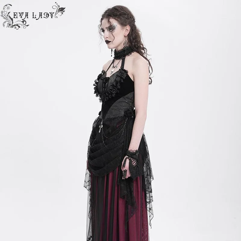 Damen Gothic Rose Herz Spitze Splice Neckholder Shirt Schwarz