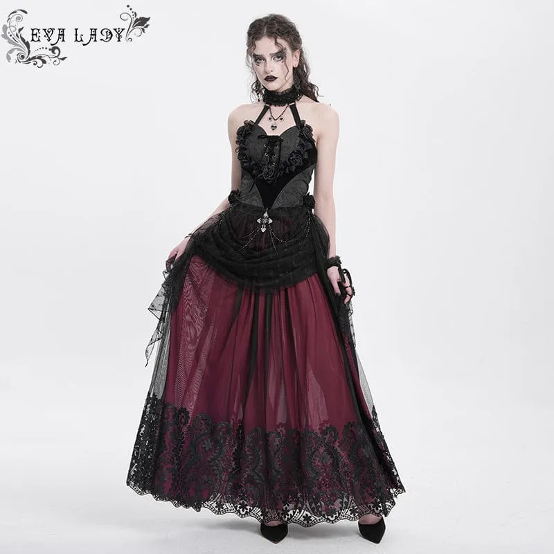 Damen Gothic Rose Herz Spitze Splice Neckholder Shirt Schwarz