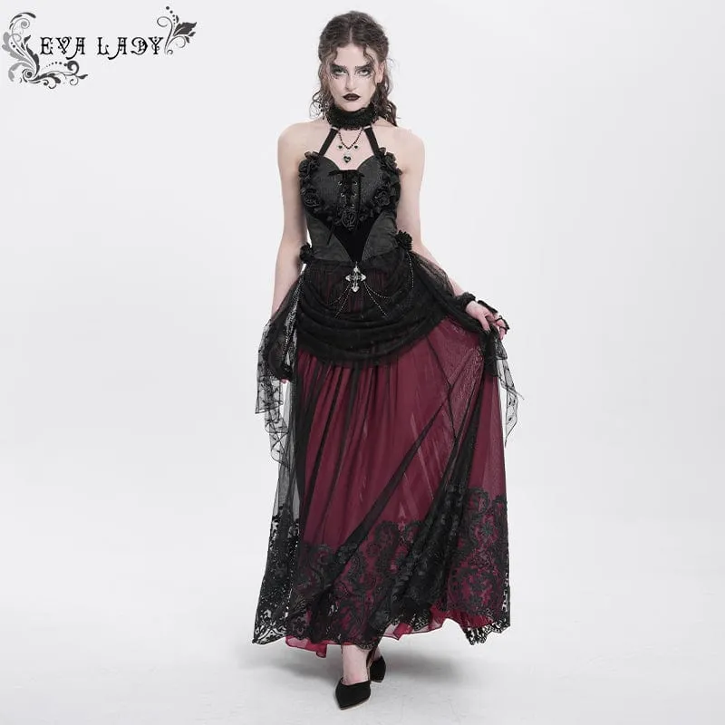 Damen Gothic Rose Herz Spitze Splice Neckholder Shirt Schwarz