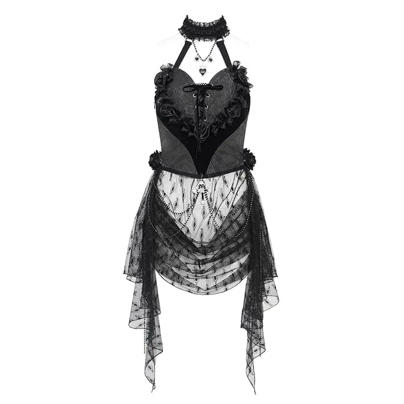 Damen Gothic Rose Herz Spitze Splice Neckholder Shirt Schwarz