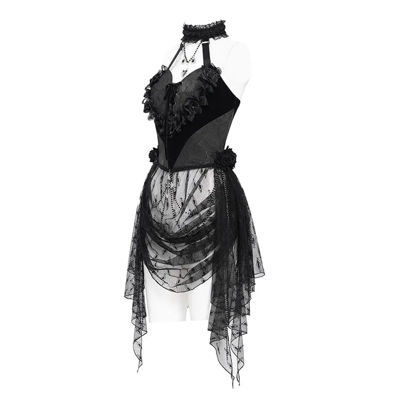 Damen Gothic Rose Herz Spitze Splice Neckholder Shirt Schwarz