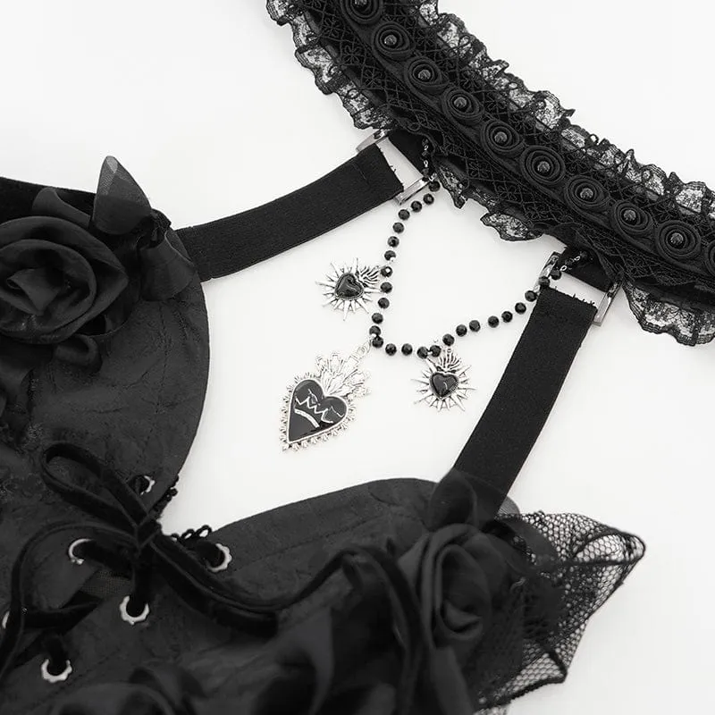 Damen Gothic Rose Herz Spitze Splice Neckholder Shirt Schwarz