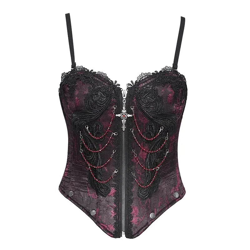 Damen Gothic Blumen besticktes Spitzenträger Tank Top Rot