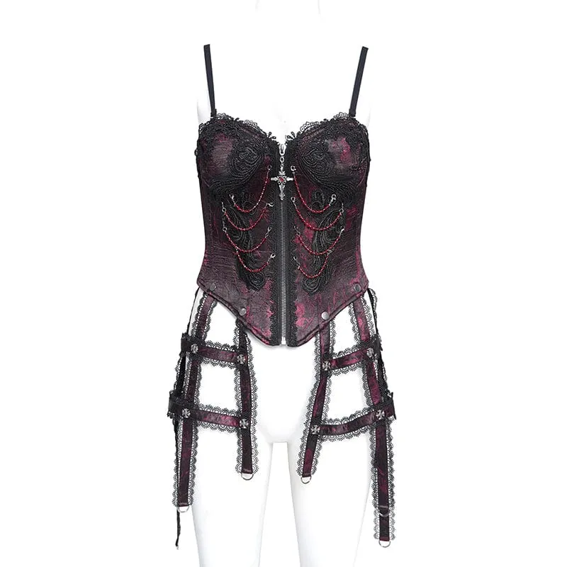 Damen Gothic Blumen besticktes Spitzenträger Tank Top Rot